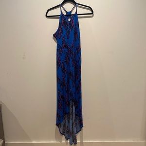 High low dress. Blue with pink/black leaves. Size medium. Worn once.